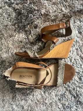 Kenneth Cole Reaction Brown Leather and Snake-Print Wedge Sandals